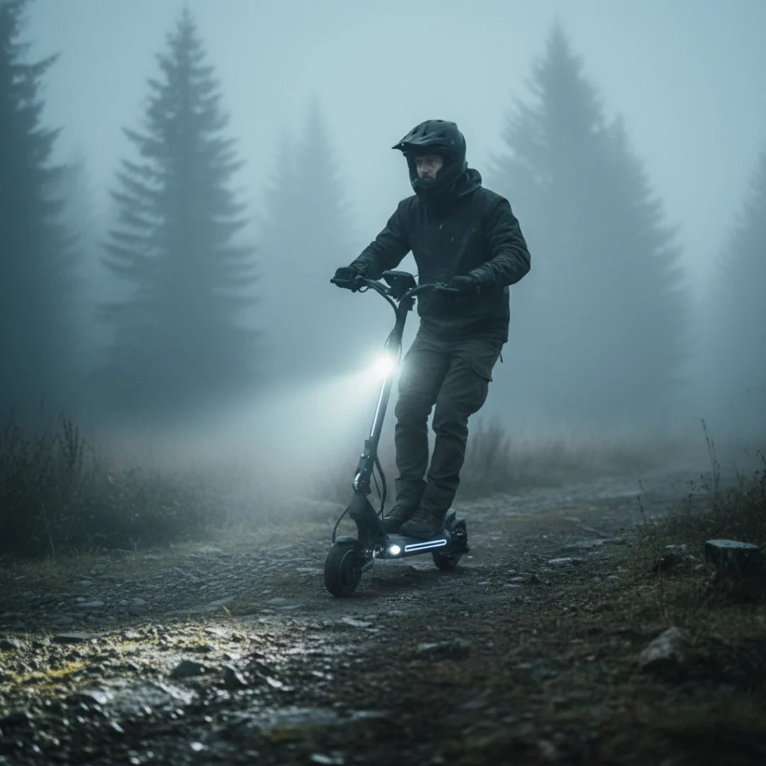 Electric scooter VSETT 8 APEX – person riding in foggy forest