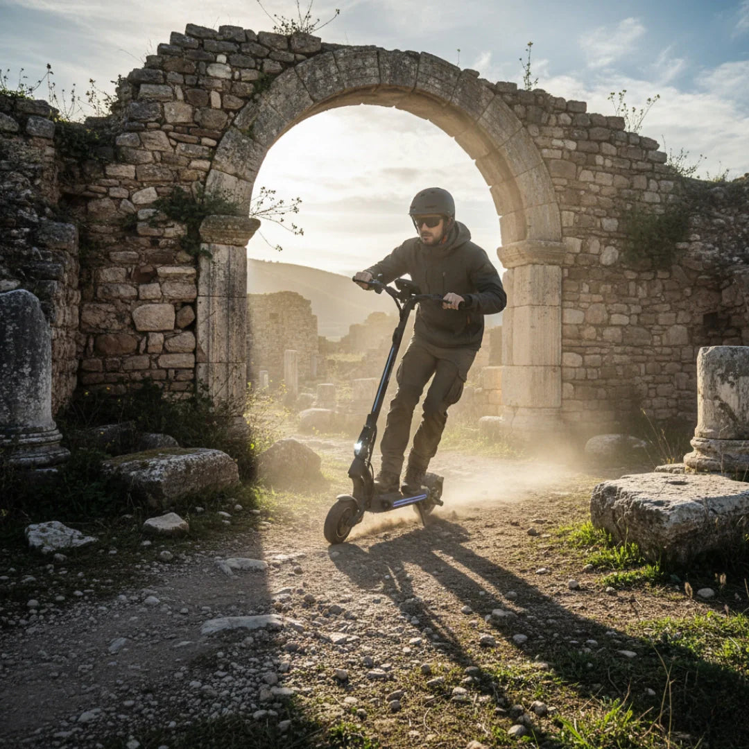 Electric scooter VSETT 8 APEX – rider on dirt path, ancient ruins background