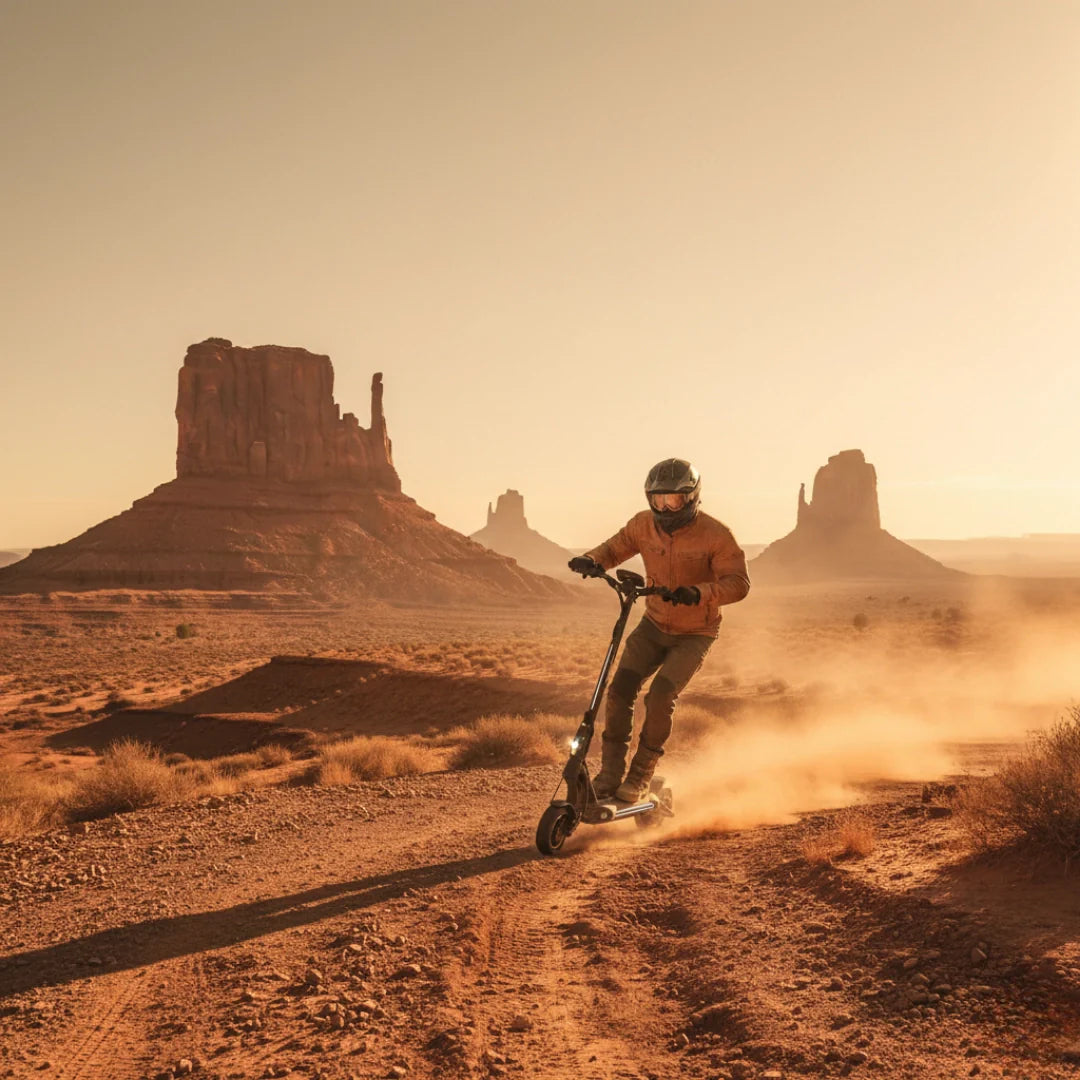 Electric scooter VSETT 8 APEX – person riding in desert landscape