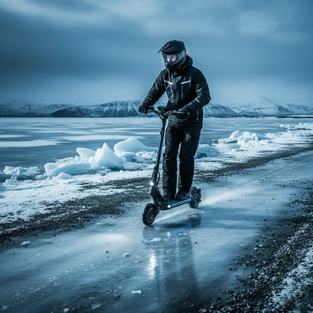 Electric scooter VSETT 8 APEX – person riding on icy terrain