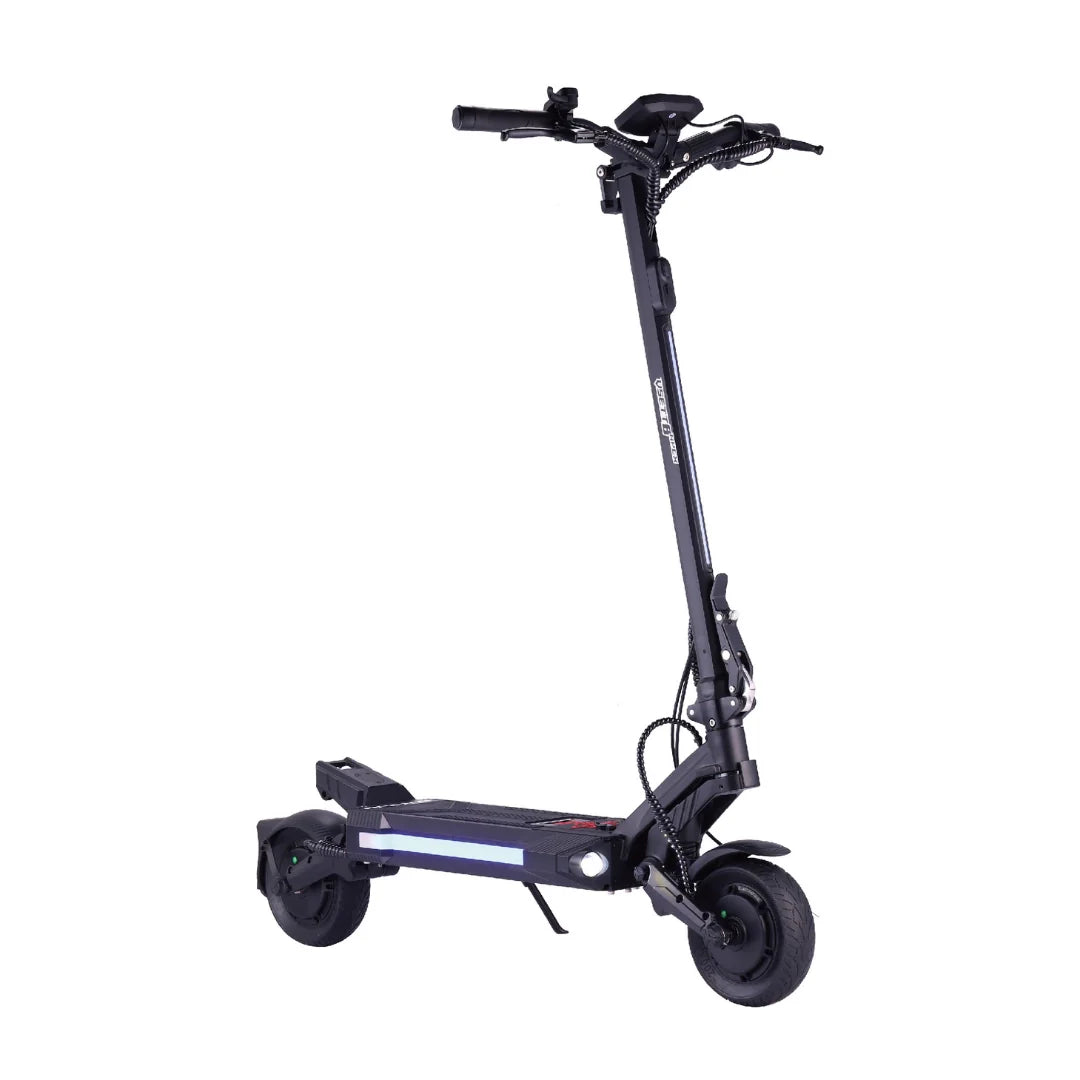 Electric scooter VSETT 8 APEX – front three-quarter view, opposite side, lights on