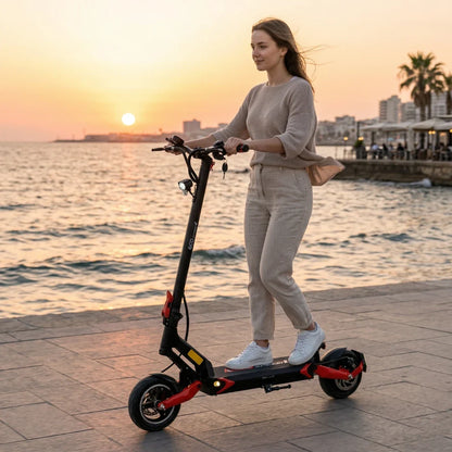 Electric scooter ECO Speed 9 – woman riding at sunset by sea