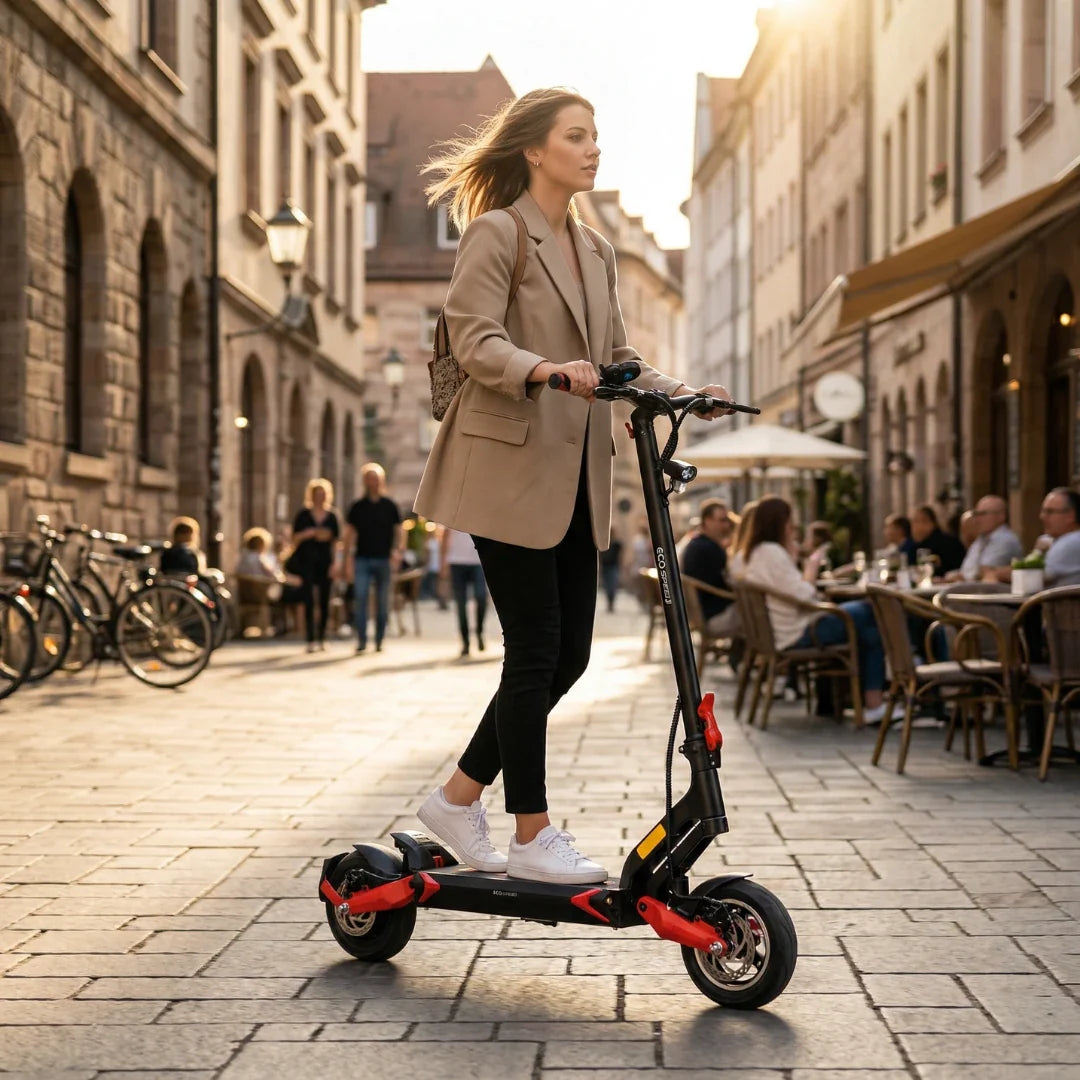 Electric scooter ECO Speed 9 – woman riding scooter on city street