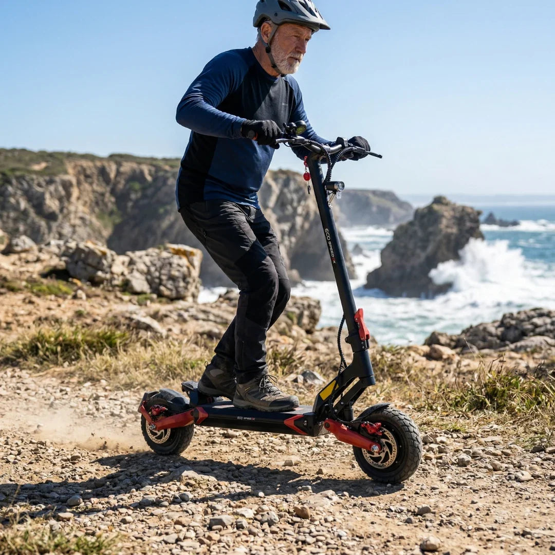 Electric scooter ECO Speed 9X – man riding on rocky coastal path
