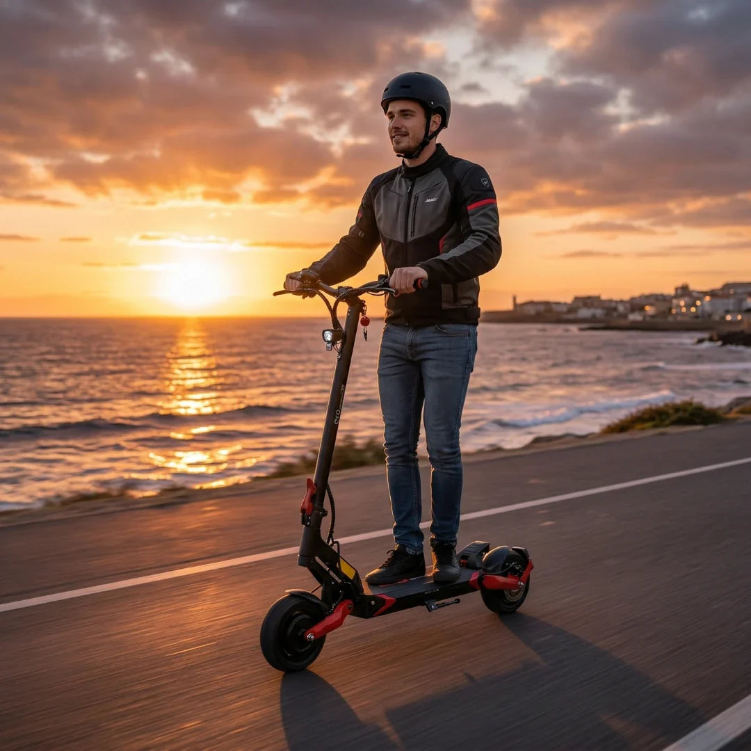Electric scooter ECO Speed 9X – man riding at sunset by sea