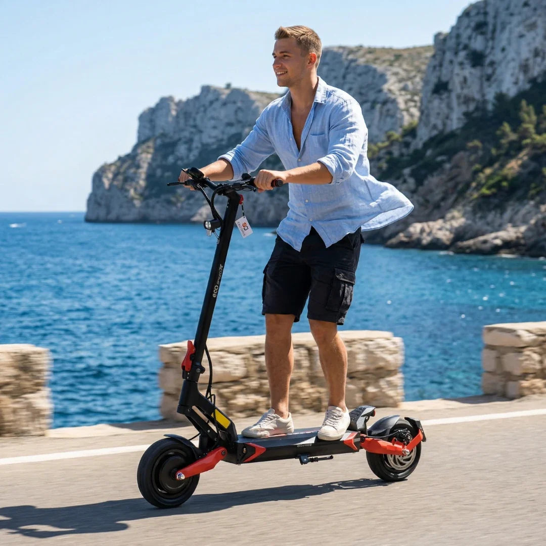 Electric scooter ECO Speed 9X – man riding on coastal road