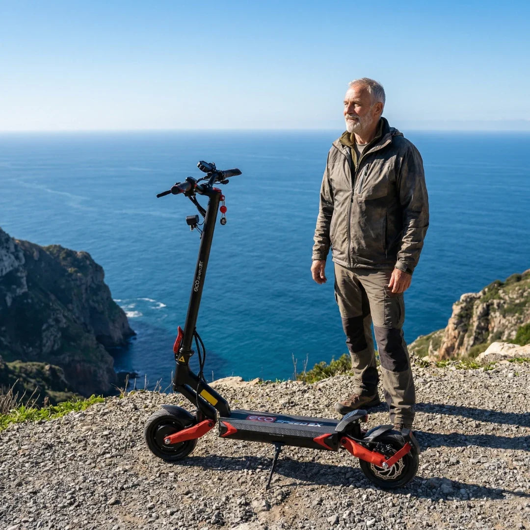Electric scooter ECO Speed 9X – man standing by sea cliff