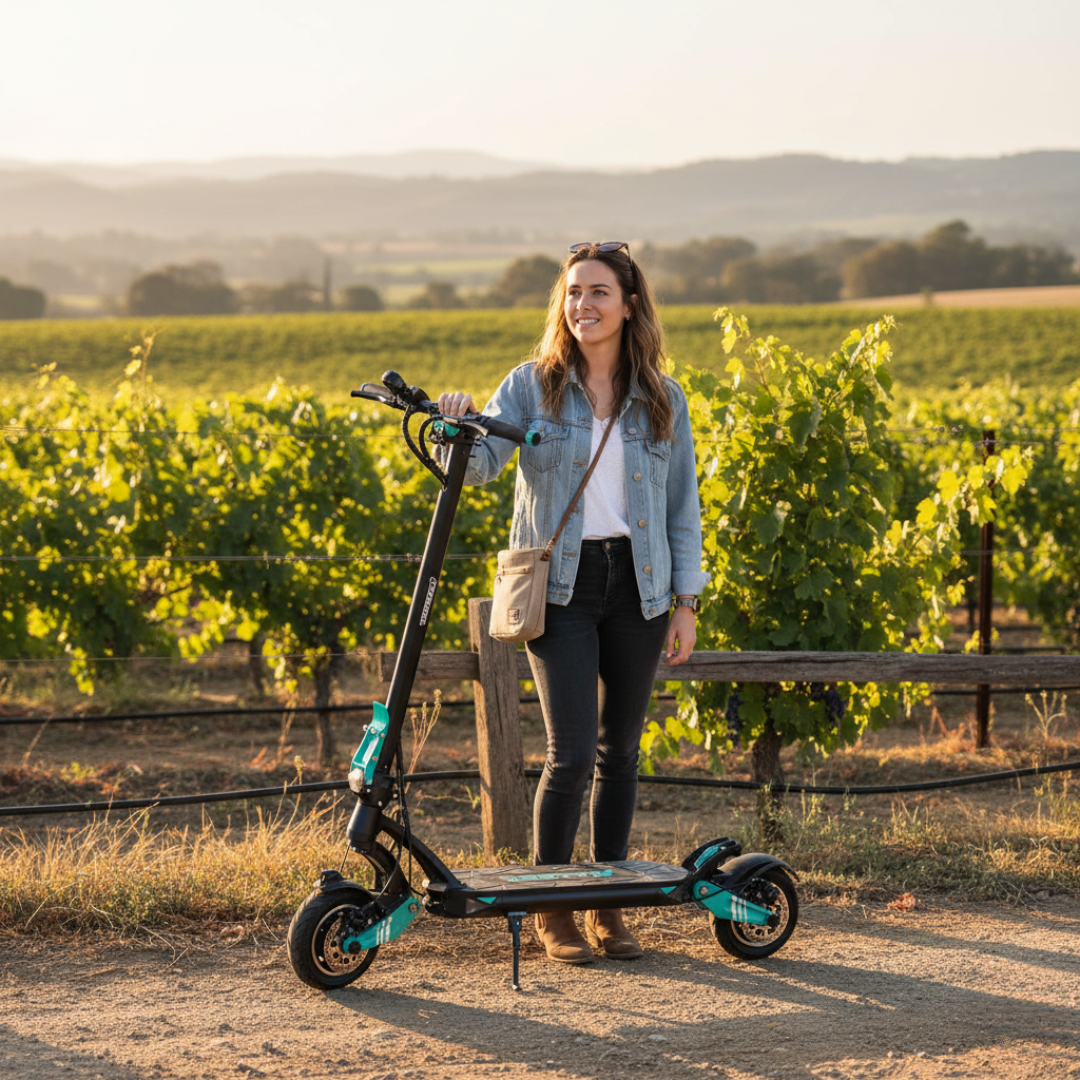 Electric scooter VSETT 9 / 9+ – woman standing with scooter in vineyard