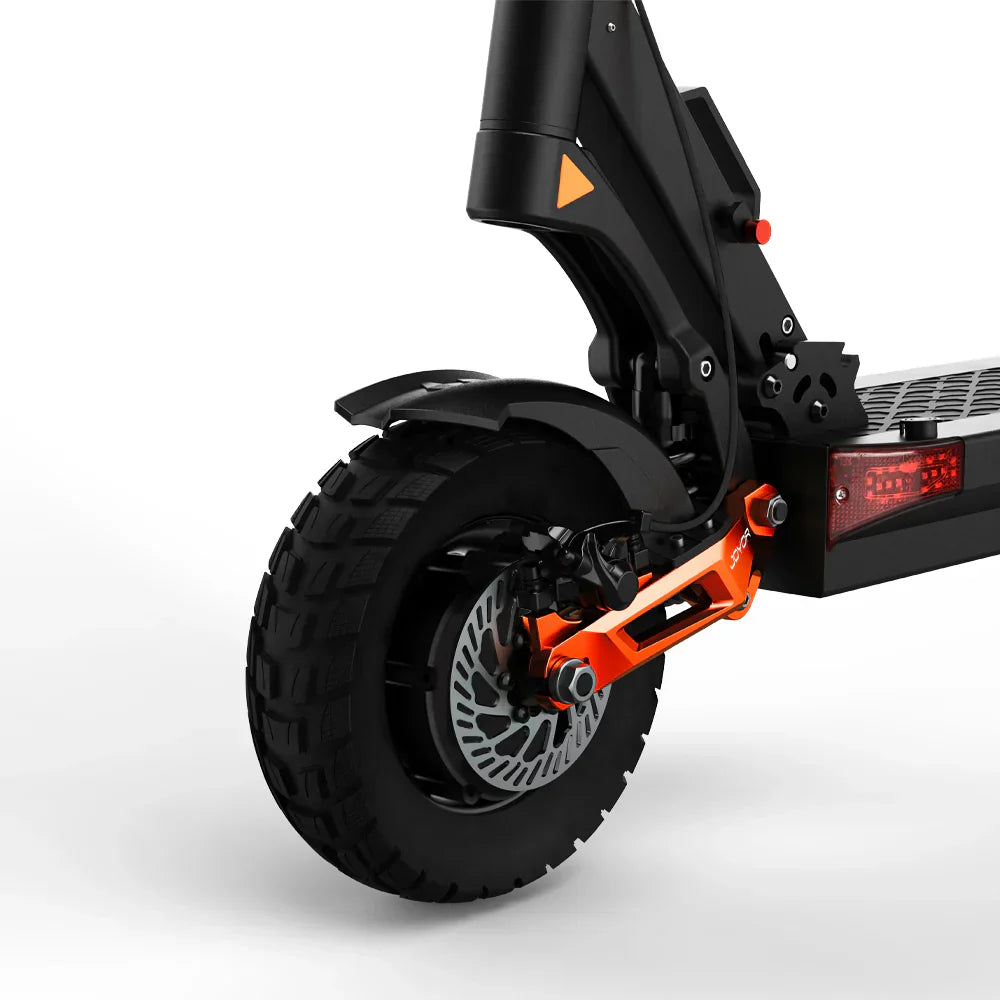 Electric scooter Joyor T10 – rear wheel and disc brake close-up