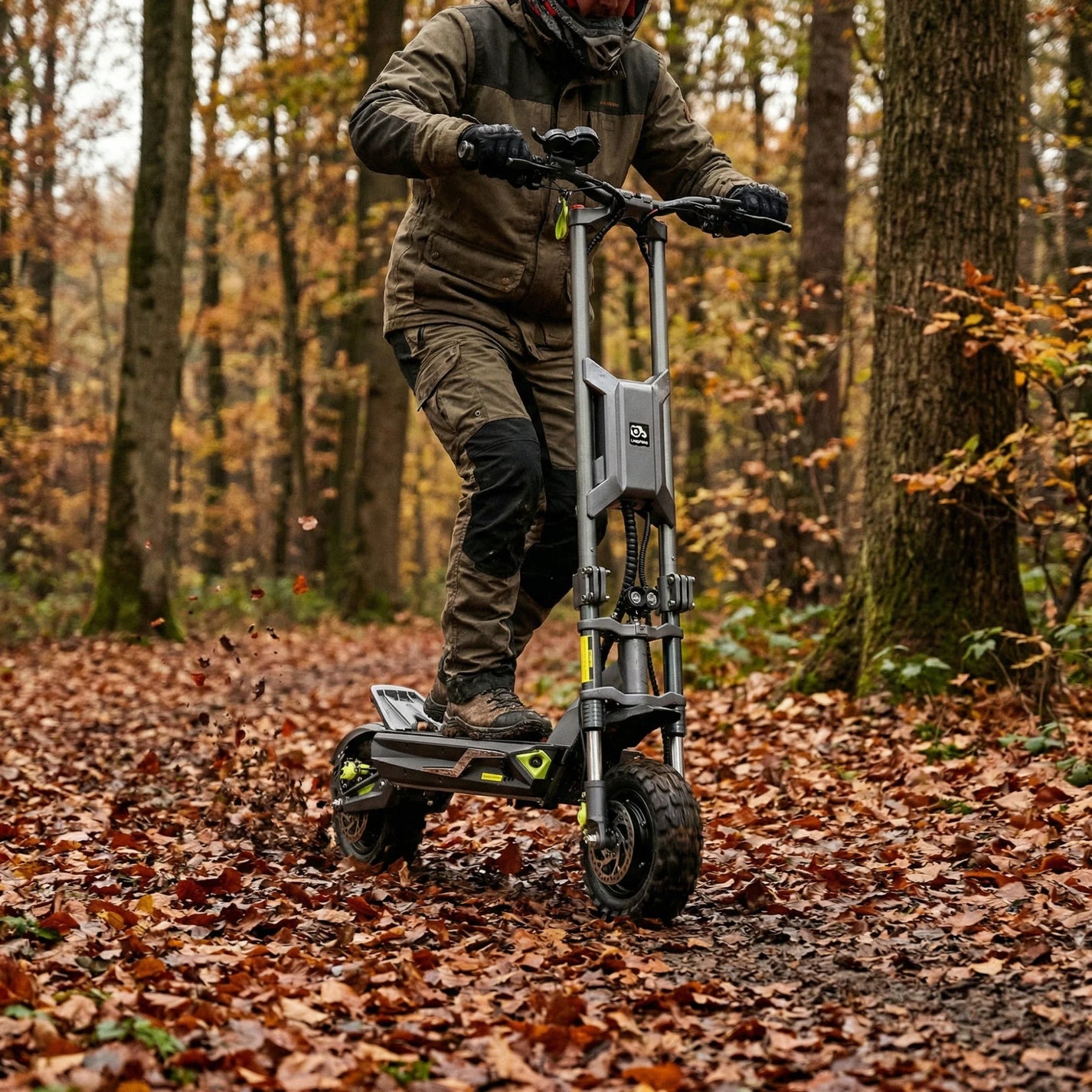 Electric scooter Langfeite H1 2026 – rider on forest path, autumn leaves