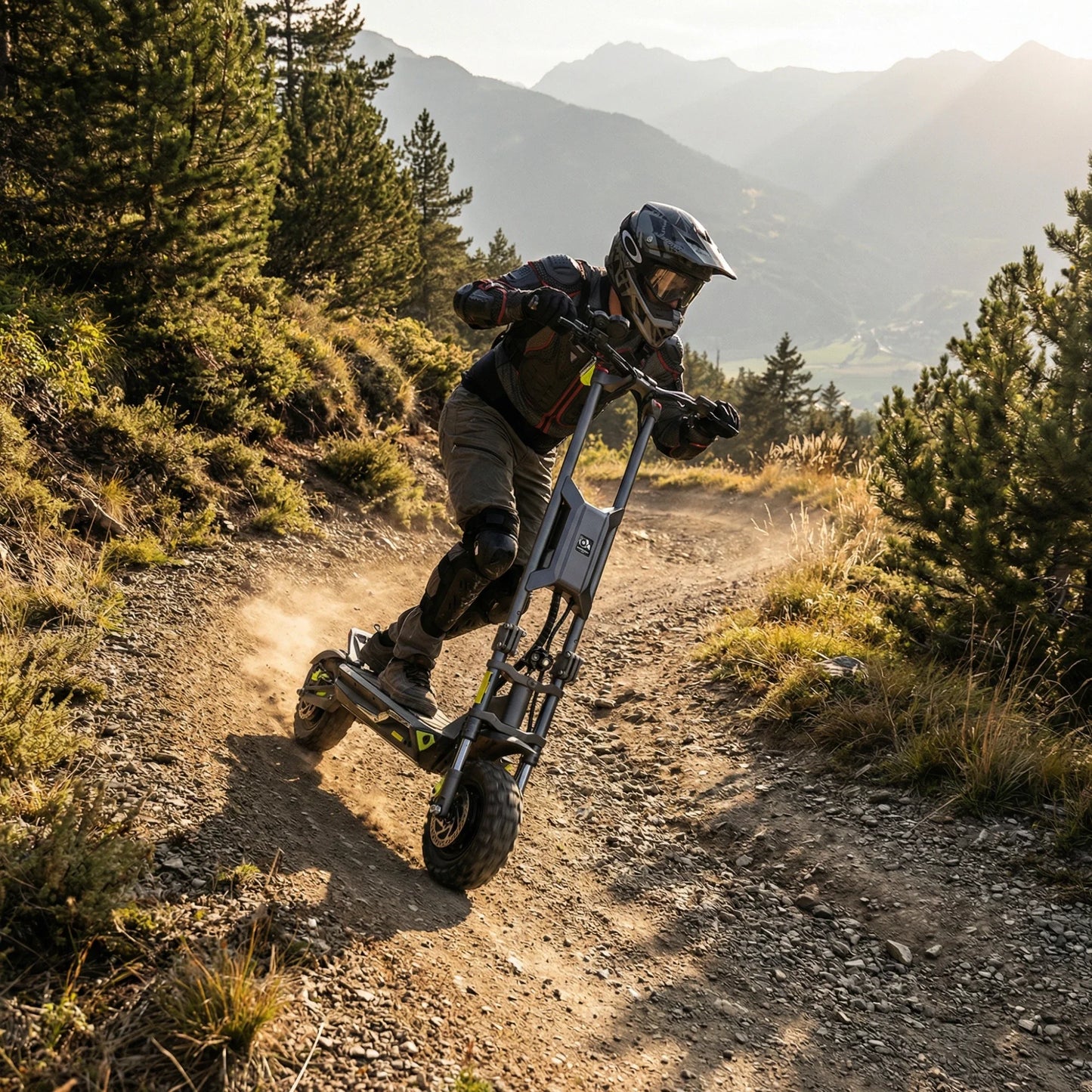Electric scooter Langfeite H1 2026 – person riding downhill on dirt track