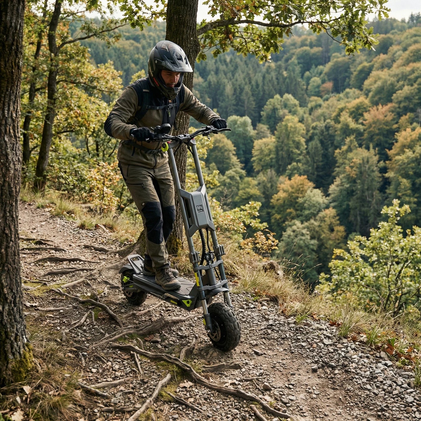 Electric scooter Langfeite H1 2026 – rider on steep forest path