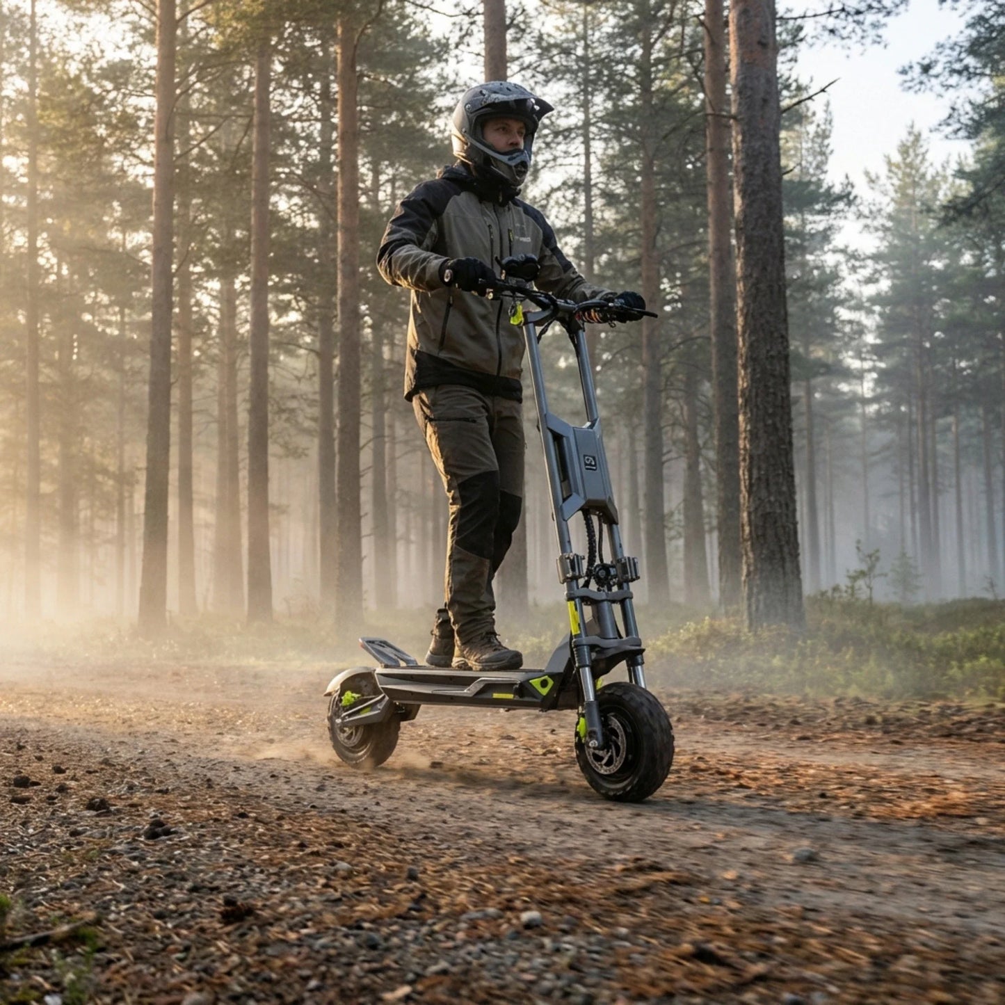 Electric scooter Langfeite H1 2026 – rider on forest path, misty trees