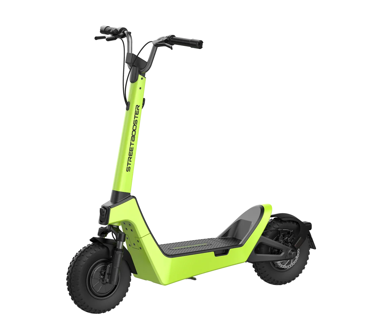 Električni romobil StreetBooster Pollux – pogled sprijeda-bočno, varijanta u boji limeta zelena