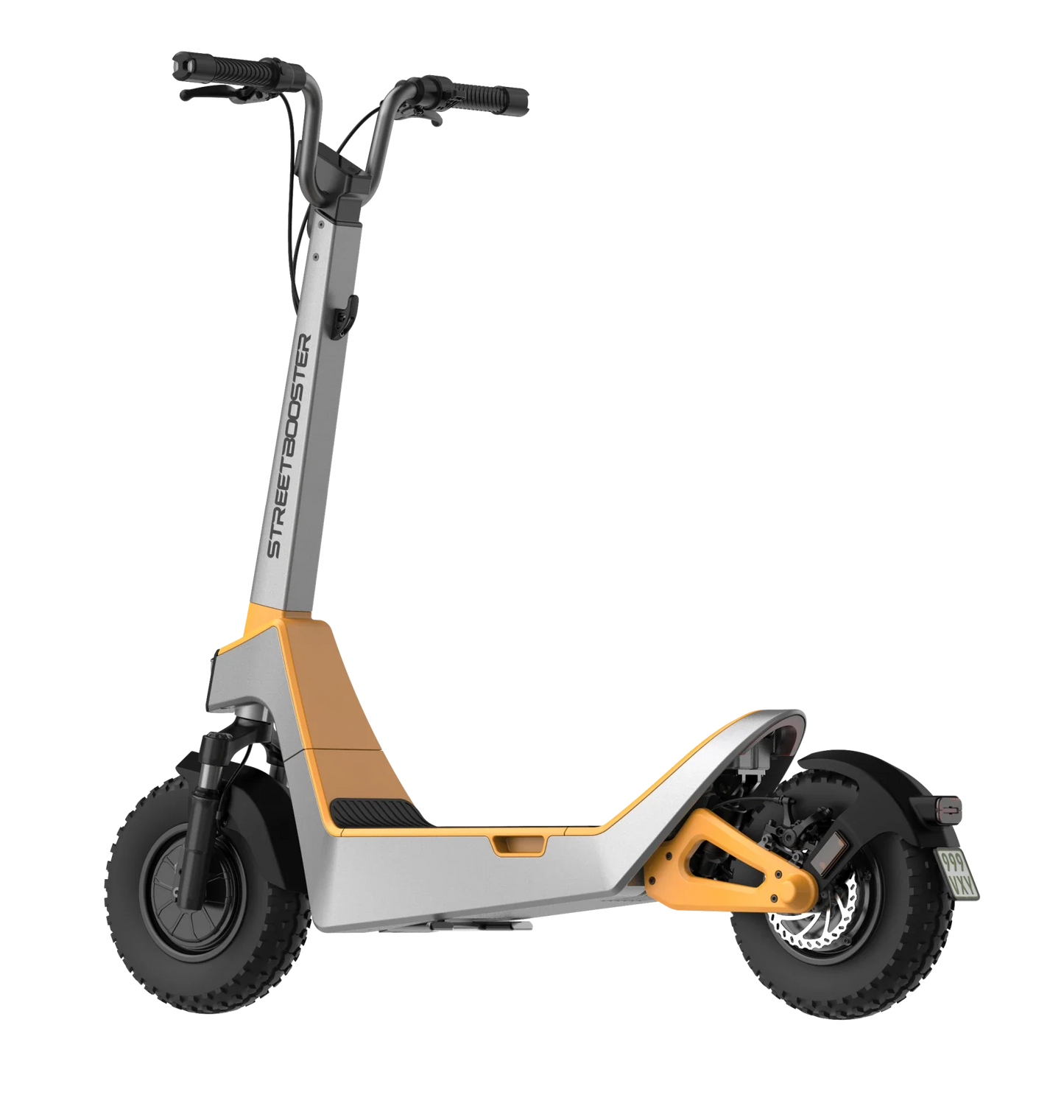 Električni romobil StreetBooster Pollux – stražnji prikaz u tri četvrtine, sivo-žuti