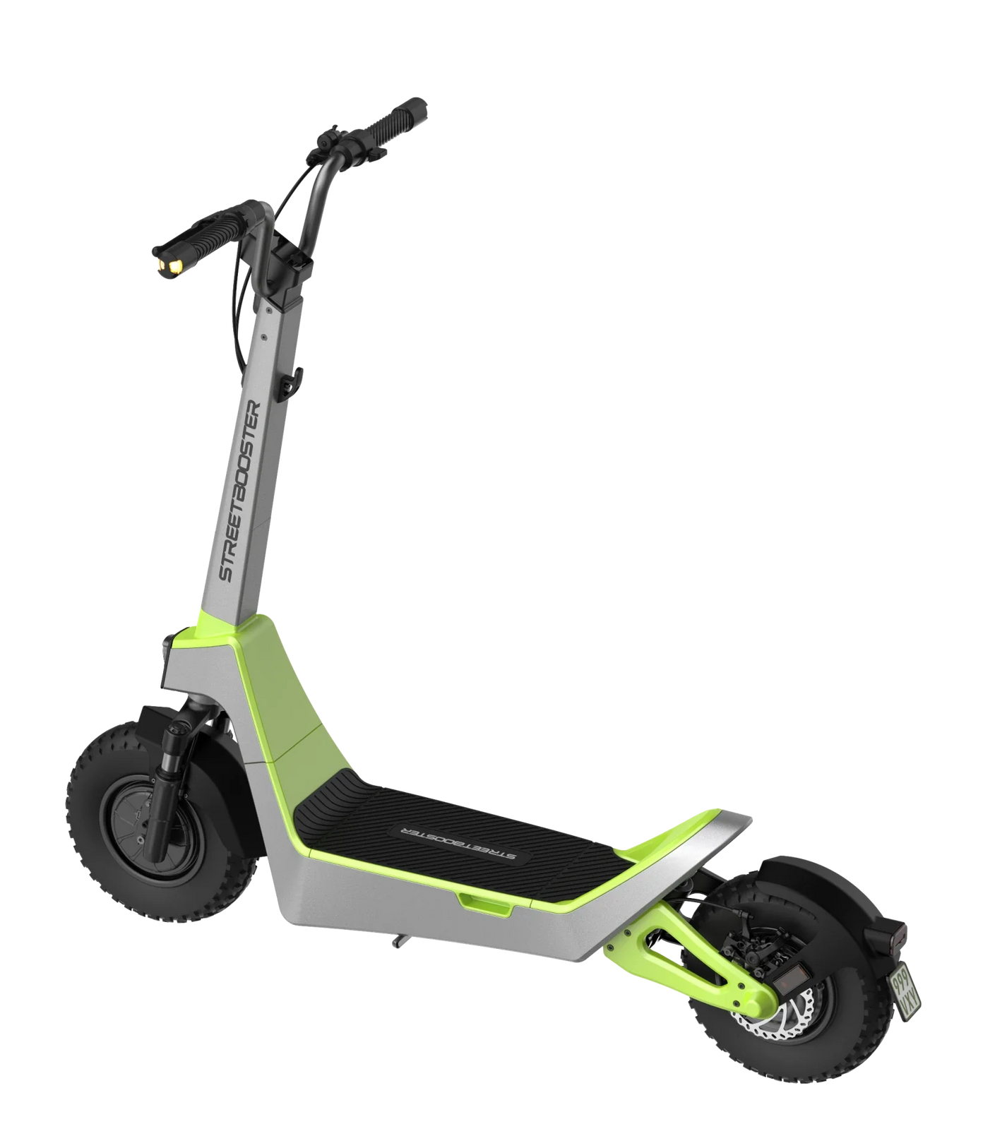 Električni romobil StreetBooster Pollux – stražnji tričetvrtinski pogled, svijetlosiva i limeta zelena