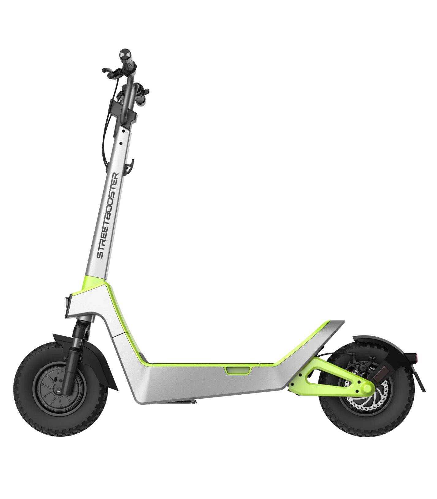 Električni romobil StreetBooster Pollux – bočni pogled, svijetlo siva i limeta zelena