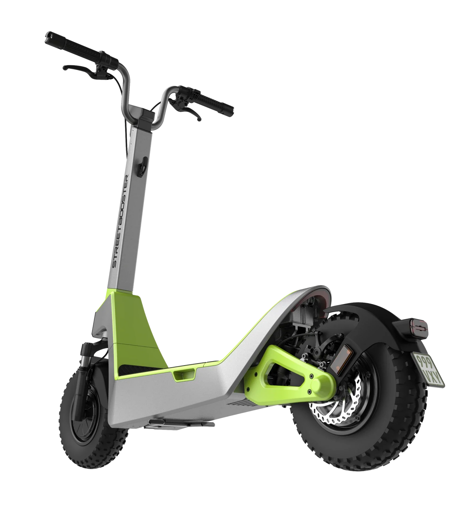 Električni romobil StreetBooster Pollux – stražnji tričetvrtinski pogled, svijetlosiva i limeta zelena