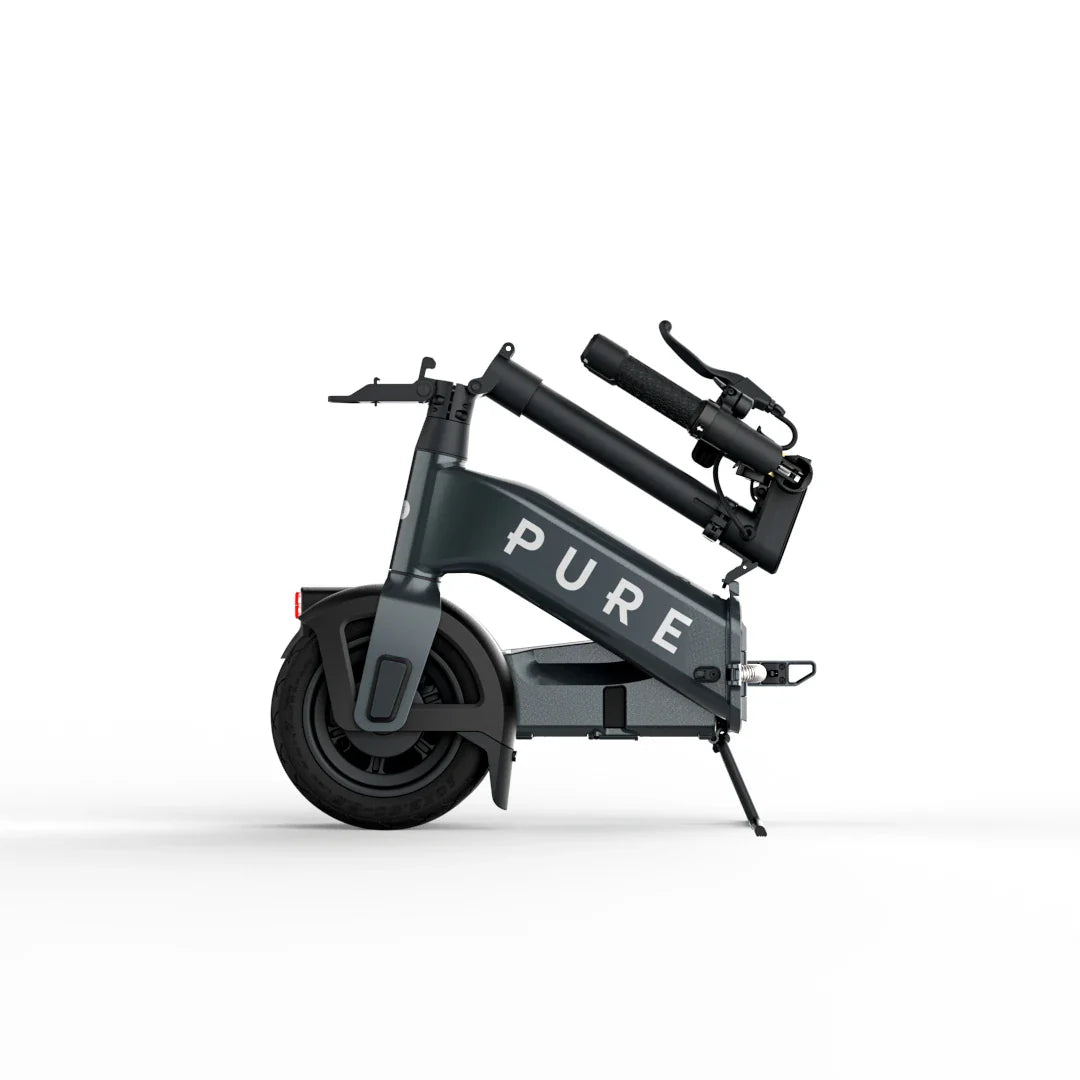 Electric scooter Pure FLEX – folded side view, grey colour variant