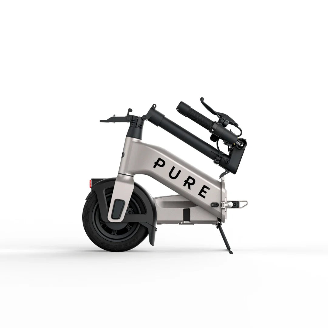 Electric scooter Pure FLEX – folded side view, light grey colour variant