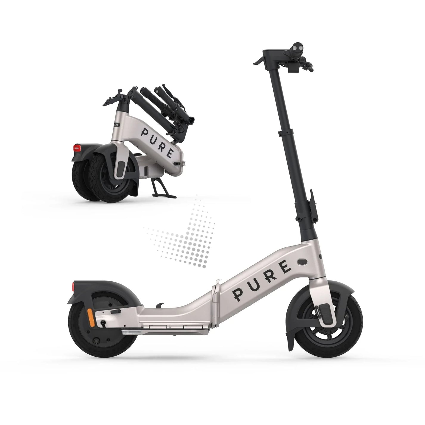 Electric scooter Pure FLEX – light grey scooter, folded and unfolded comparison