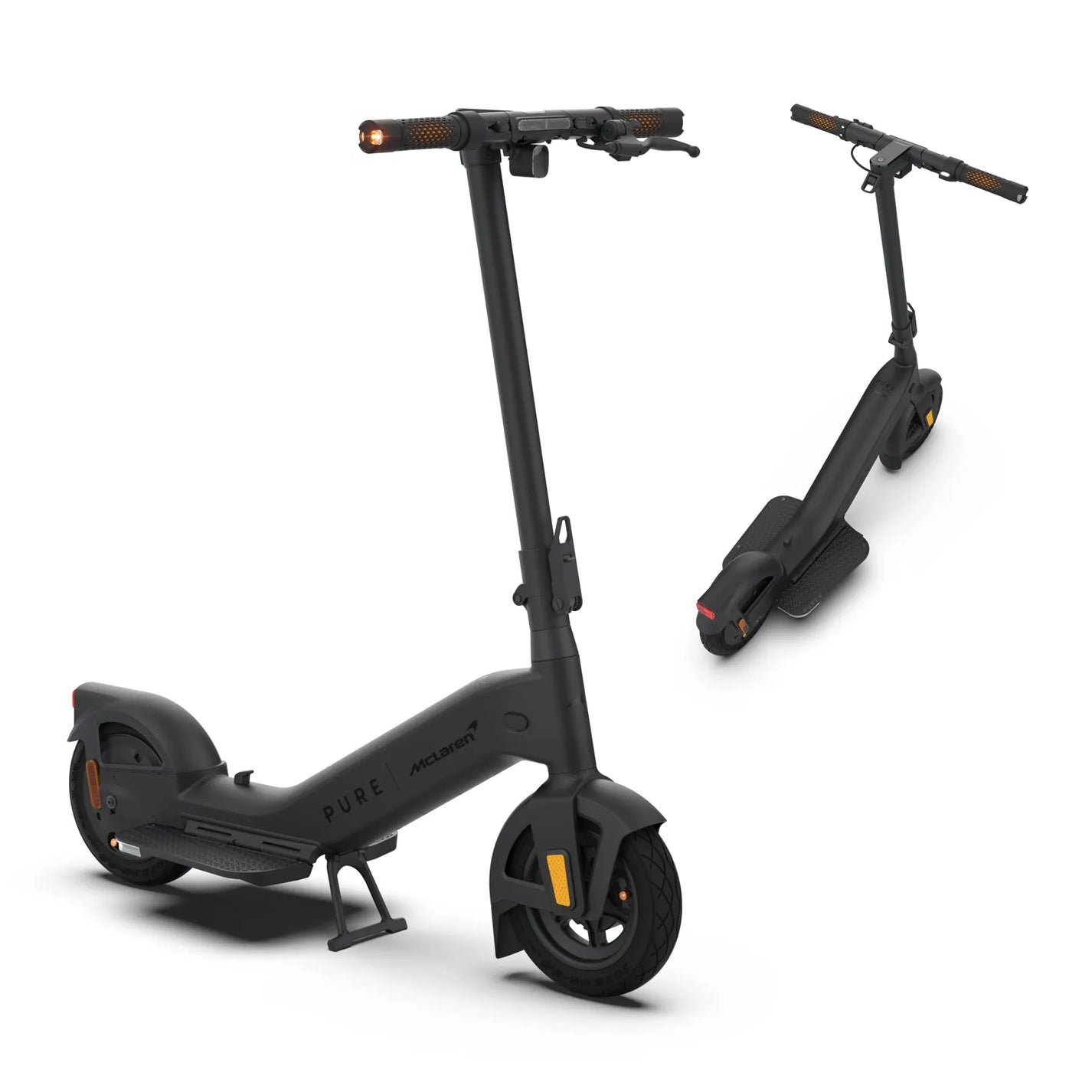 Electric scooter Pure Advance+ McLaren Edition – two views, black colour variant