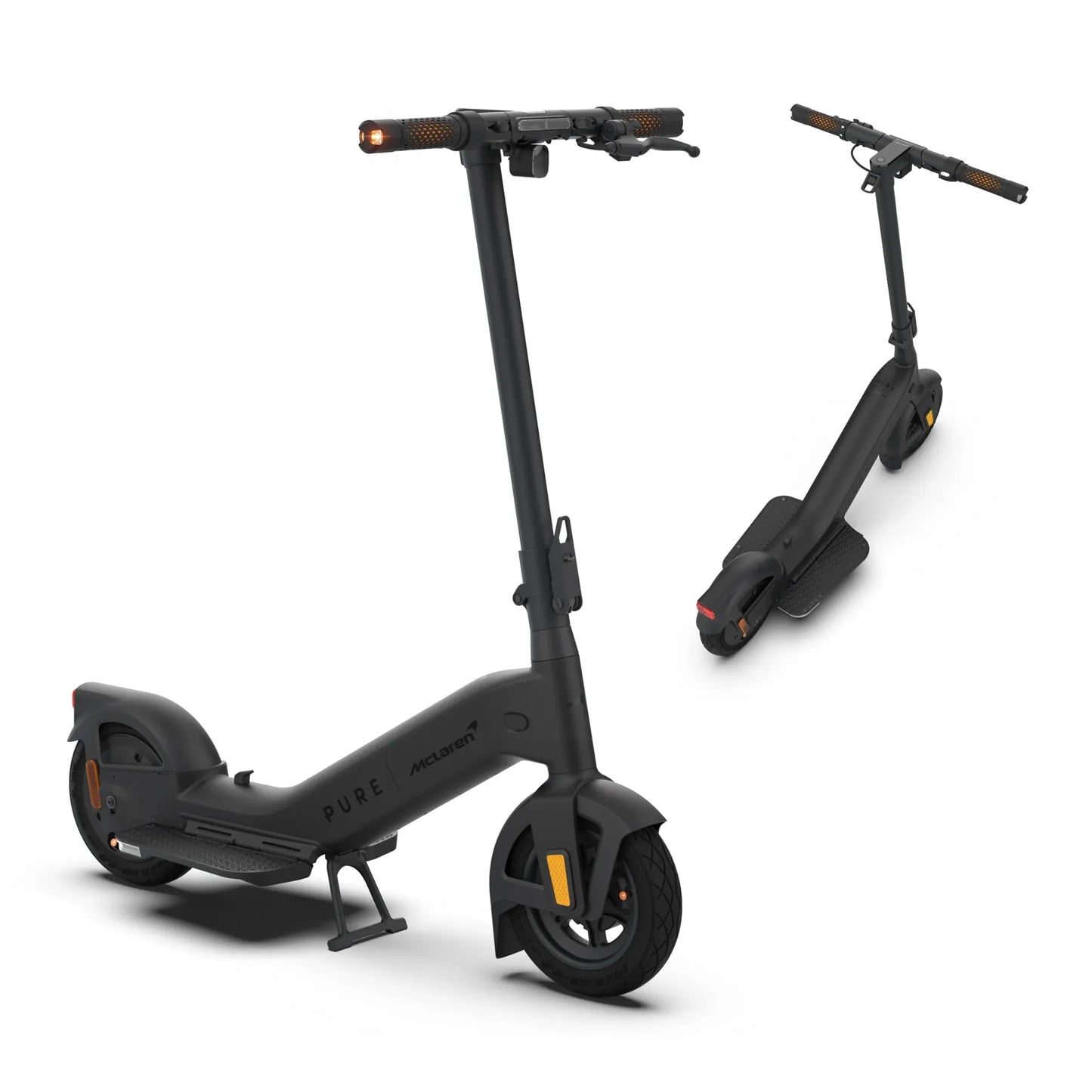 Electric scooter Pure Advance+ McLaren Edition – two views, black colour variant