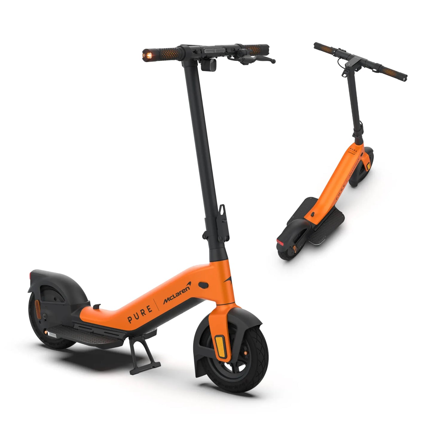 Electric scooter Pure Advance+ McLaren Edition – two views, orange colour variant