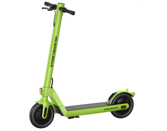 Electric scooter StreetBooster Sirius – lime green colour variant, front three-quarter view