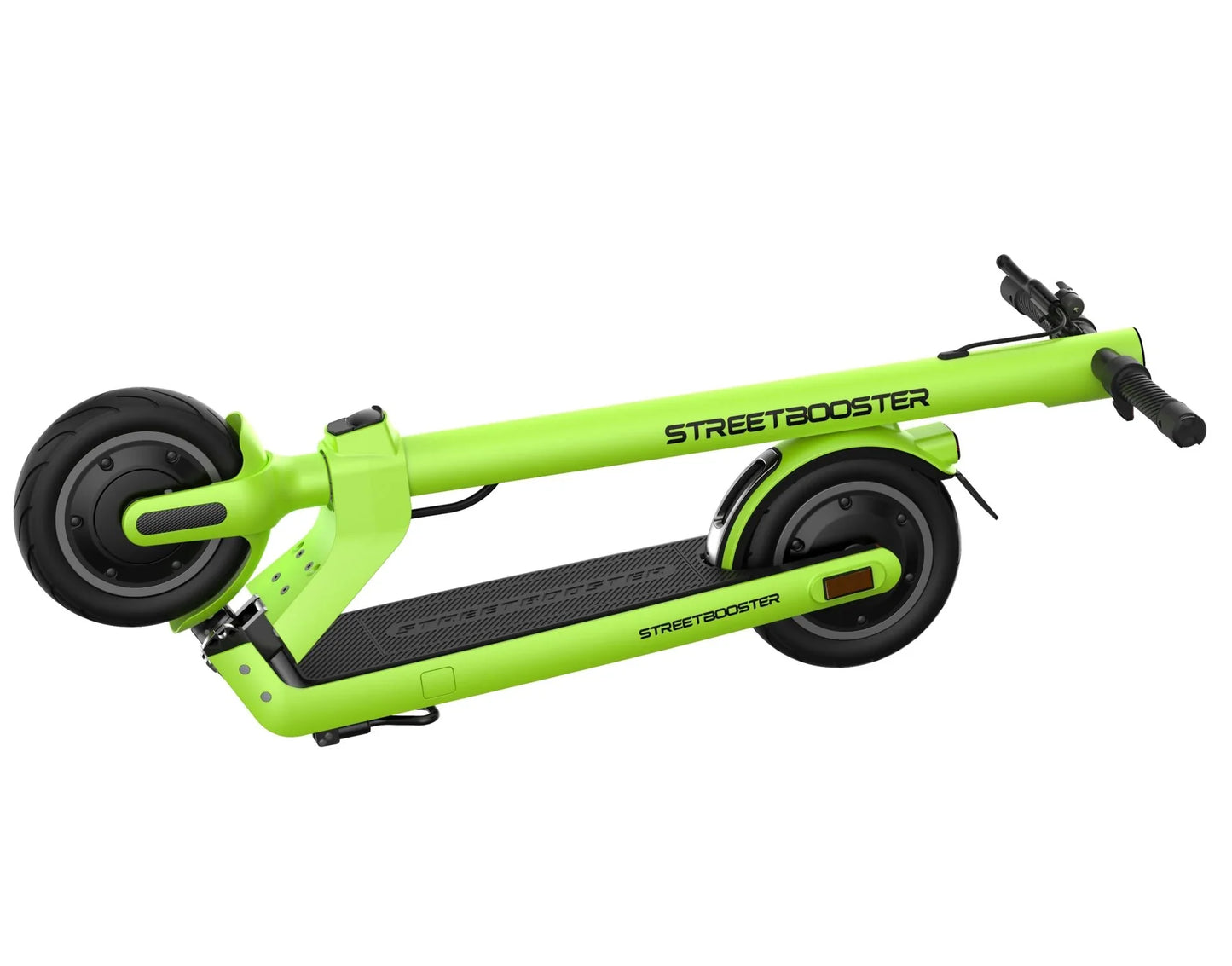 Electric scooter StreetBooster Sirius – lime green colour variant, folded side view