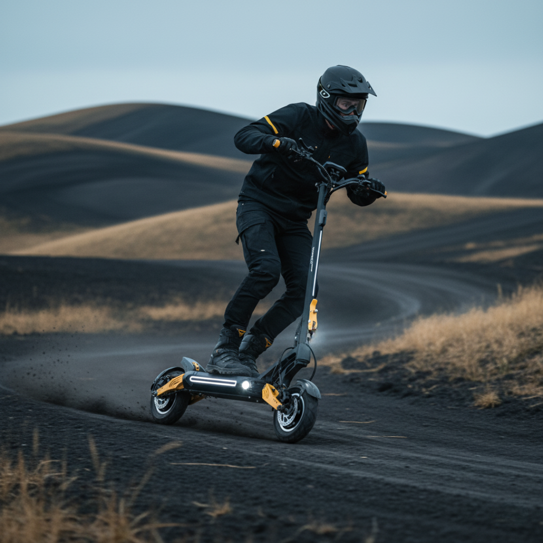 Elektroroller VSETT 10 LIGHT – Fahrer auf einem Feldweg mit Hügeln