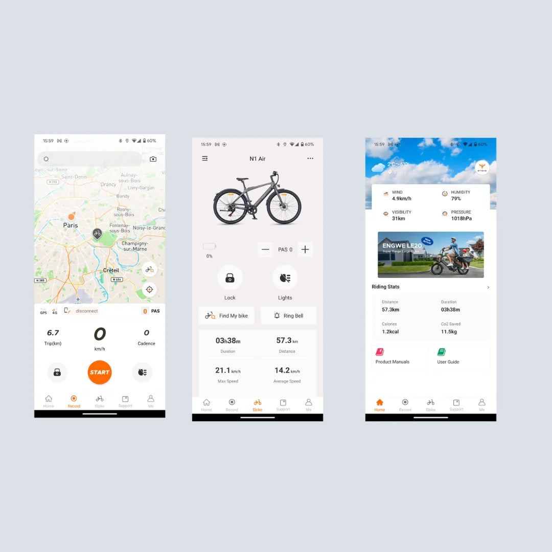 Electric bicycle Engwe MapFour N1 AIR – three smartphone screens showing app interface