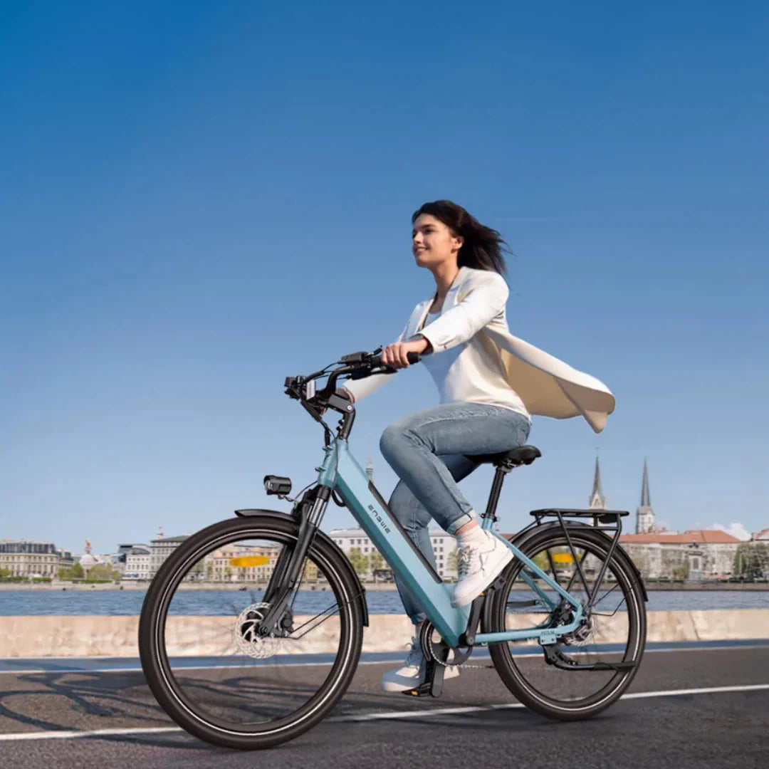 Electric bicycle Engwe P275 SE – woman riding on a city path