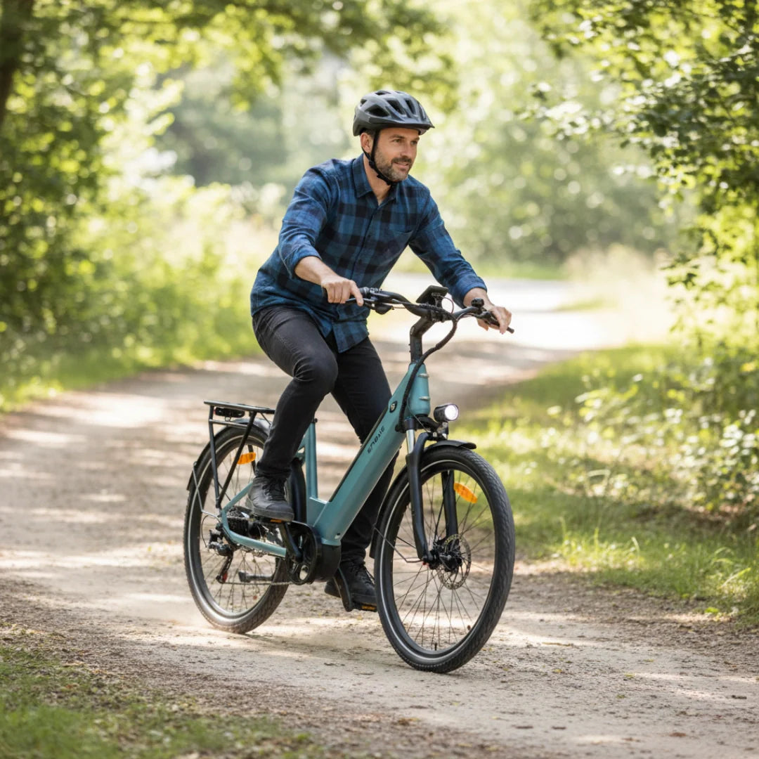 Electric bicycle Engwe P275 SE – man riding on a forest path