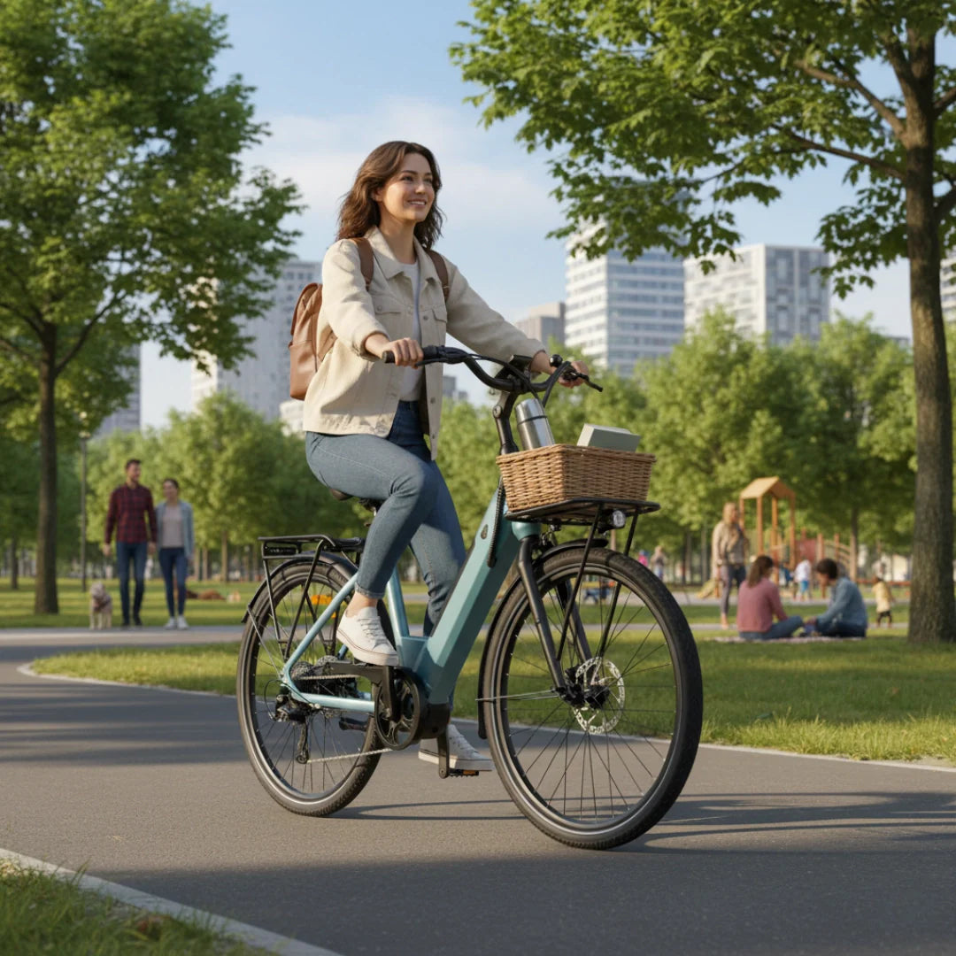 Electric bicycle Engwe P275 SE – woman riding on paved park path