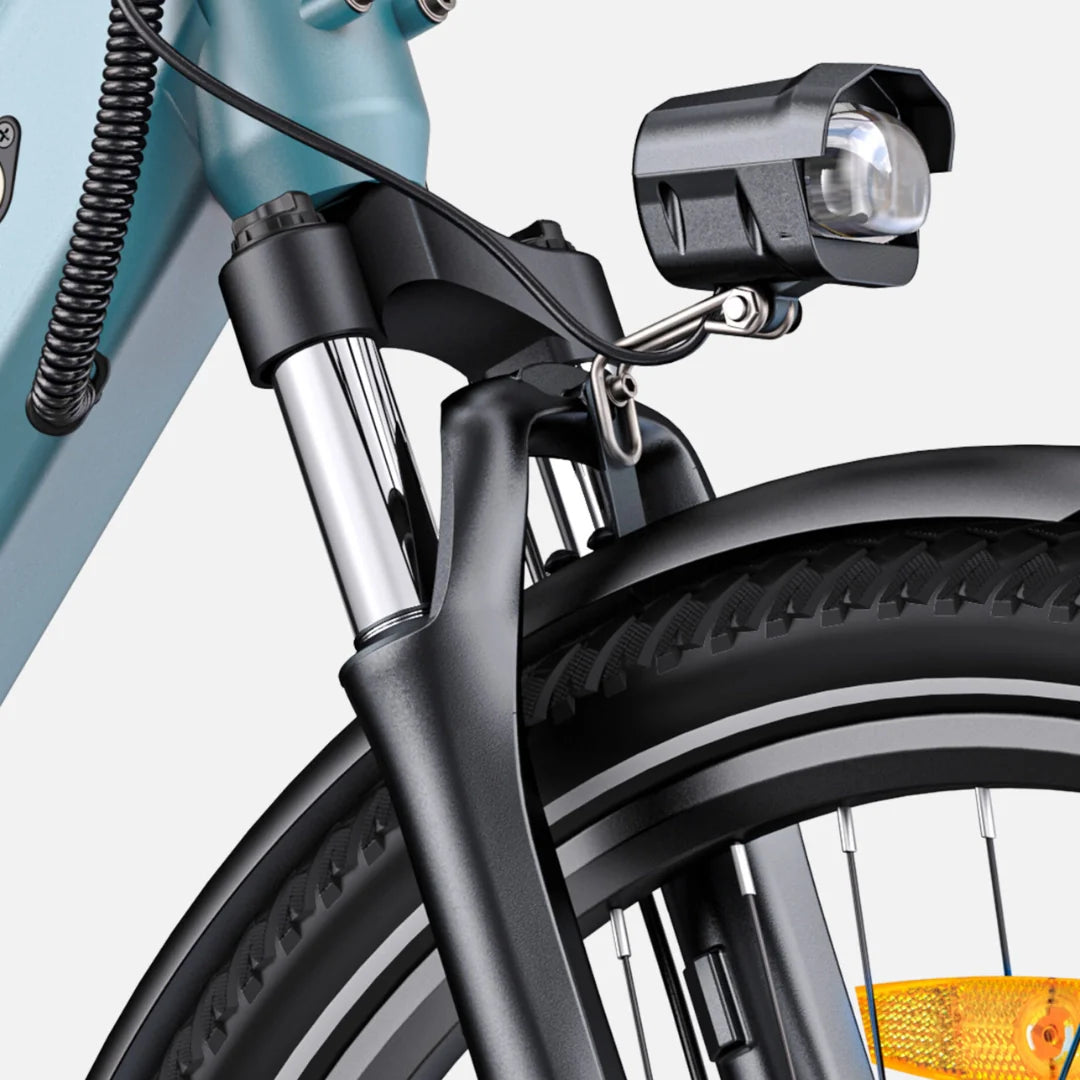 Electric bicycle Engwe P275 SE – front light and suspension fork close-up