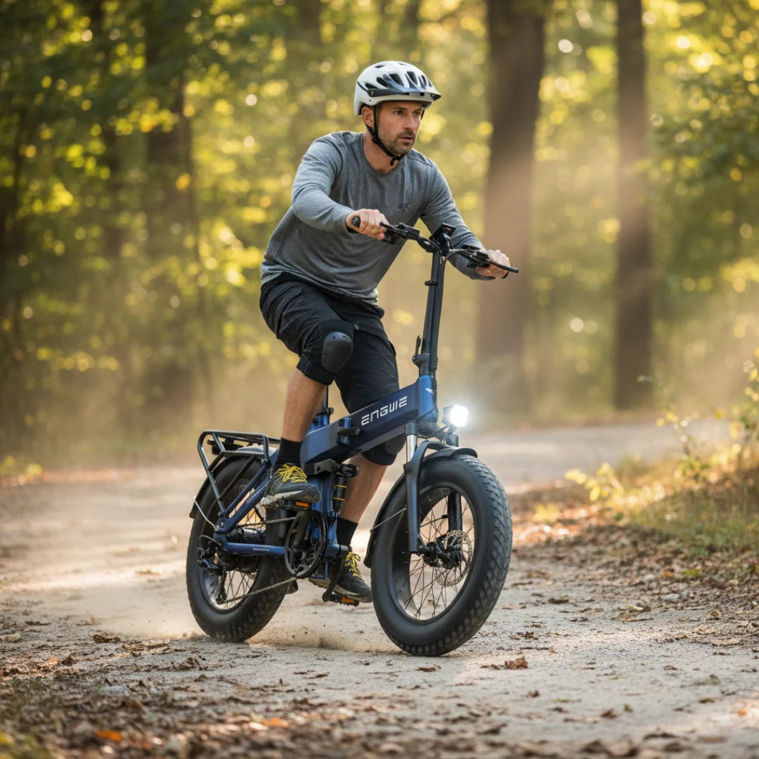Electric bicycle Engwe Engine Pro 3.0 Boost – rider on dirt path, front three-quarter view