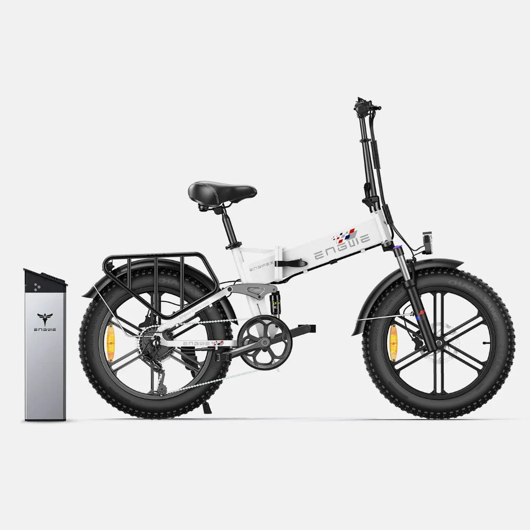 Electric bicycle Engwe Engine X – side view, white colour variant, removable battery