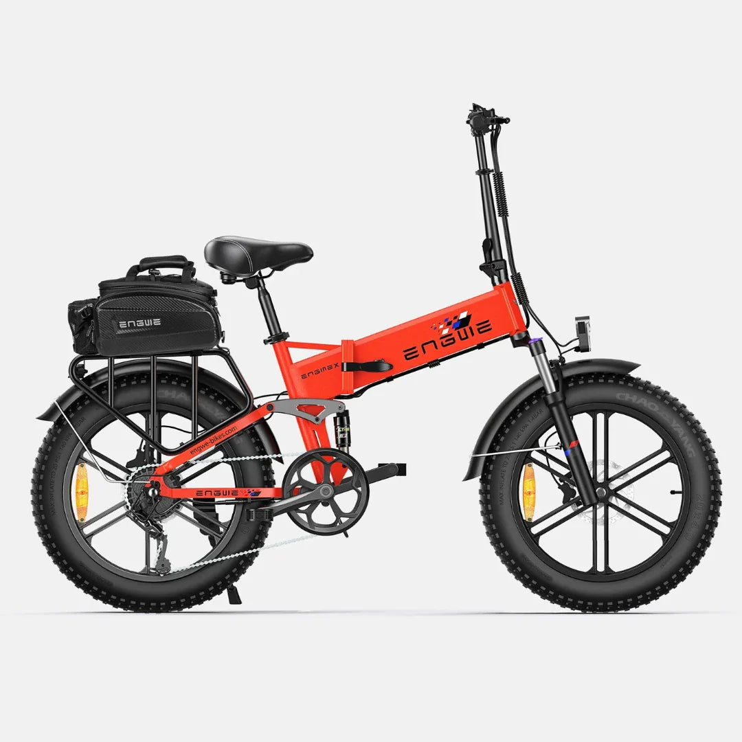 Electric bicycle Engwe Engine X – side view, red colour variant, rear bag