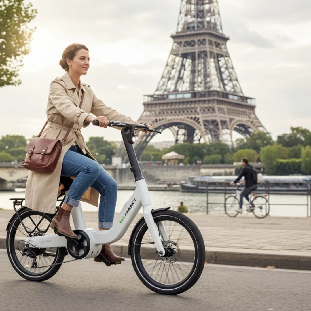 Electric bicycle MS Energy PulseUrban C20 – woman riding in front of Eiffel Tower