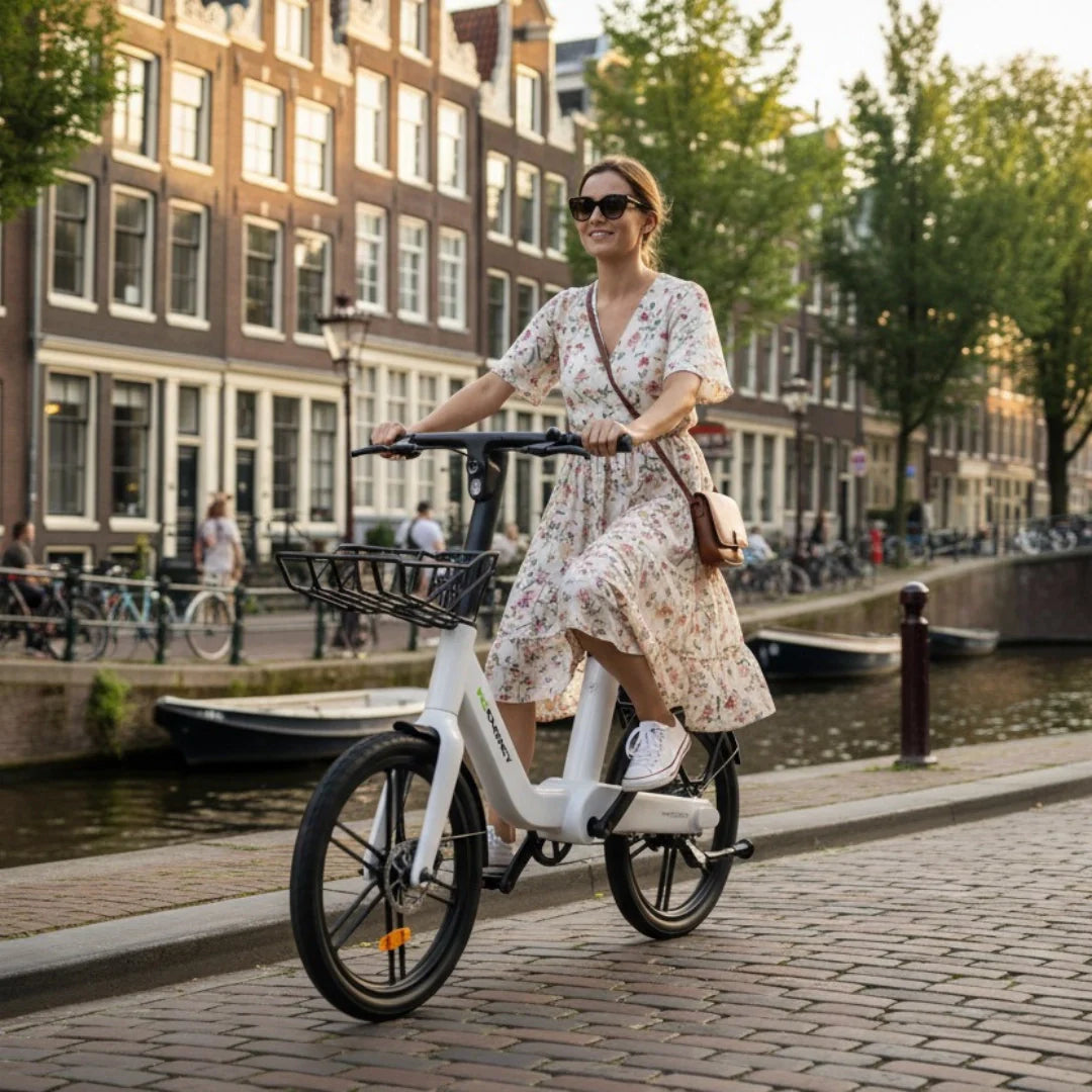 Electric bicycle MS Energy PulseUrban C20 – woman riding along Amsterdam canal