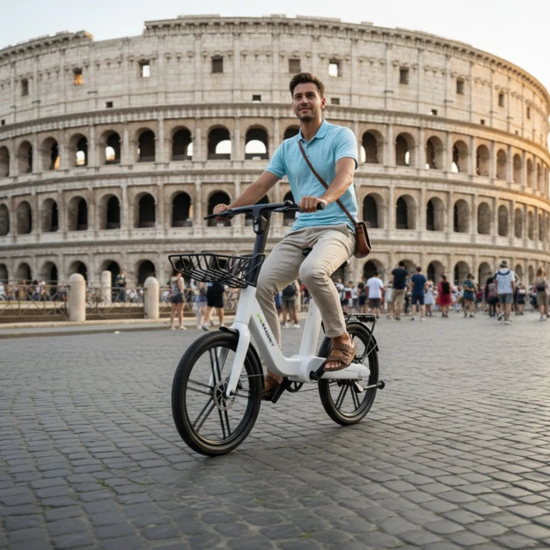 Electric bicycle MS Energy PulseUrban C20 – man riding in front of Colosseum