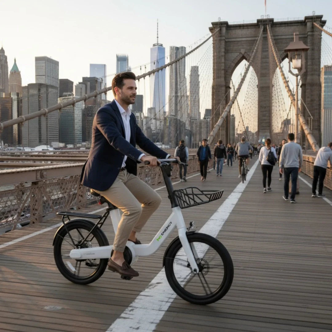 Electric bicycle MS Energy PulseUrban C20 – man riding on bridge, city background