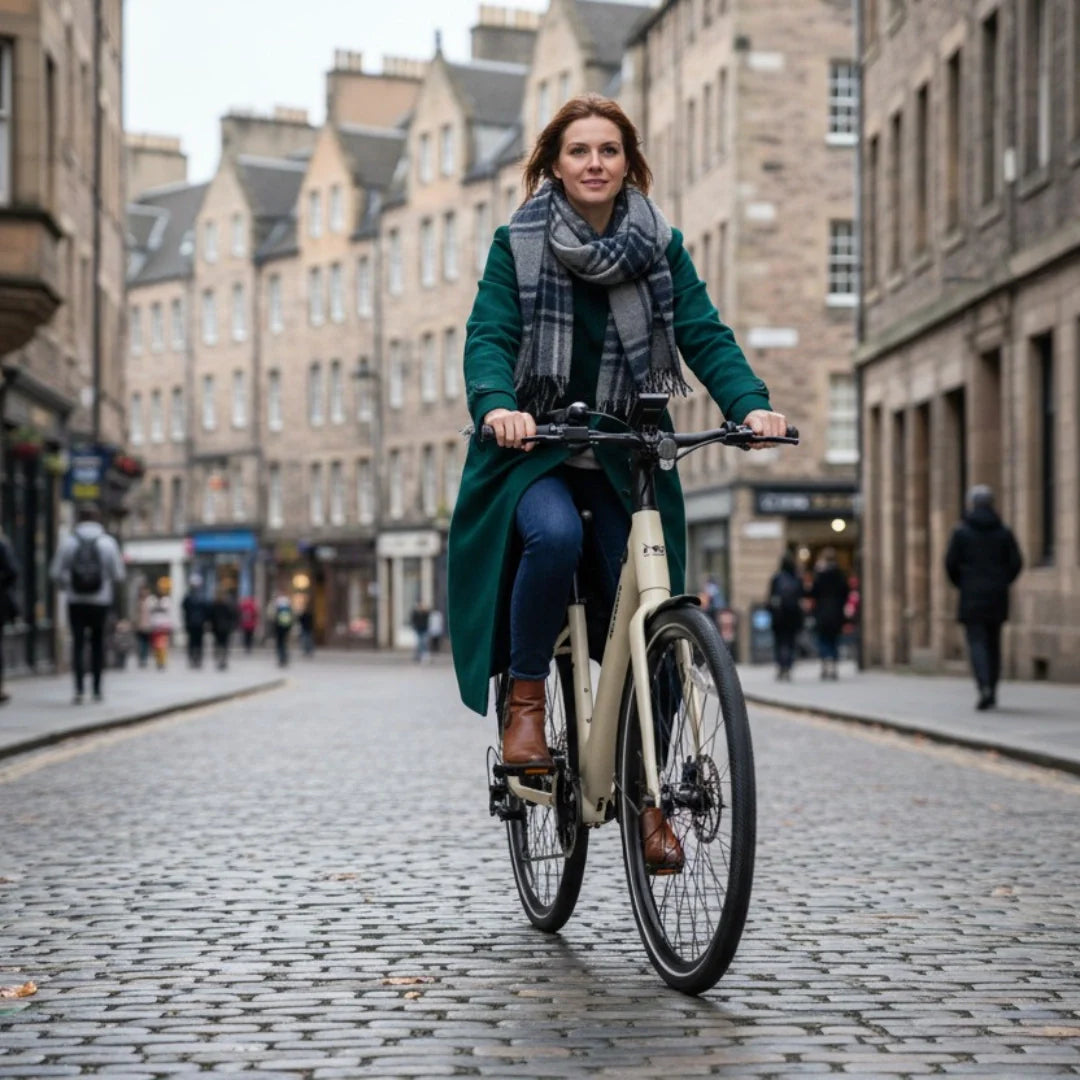 Electric bicycle MS Energy C30 – woman riding on cobblestone street