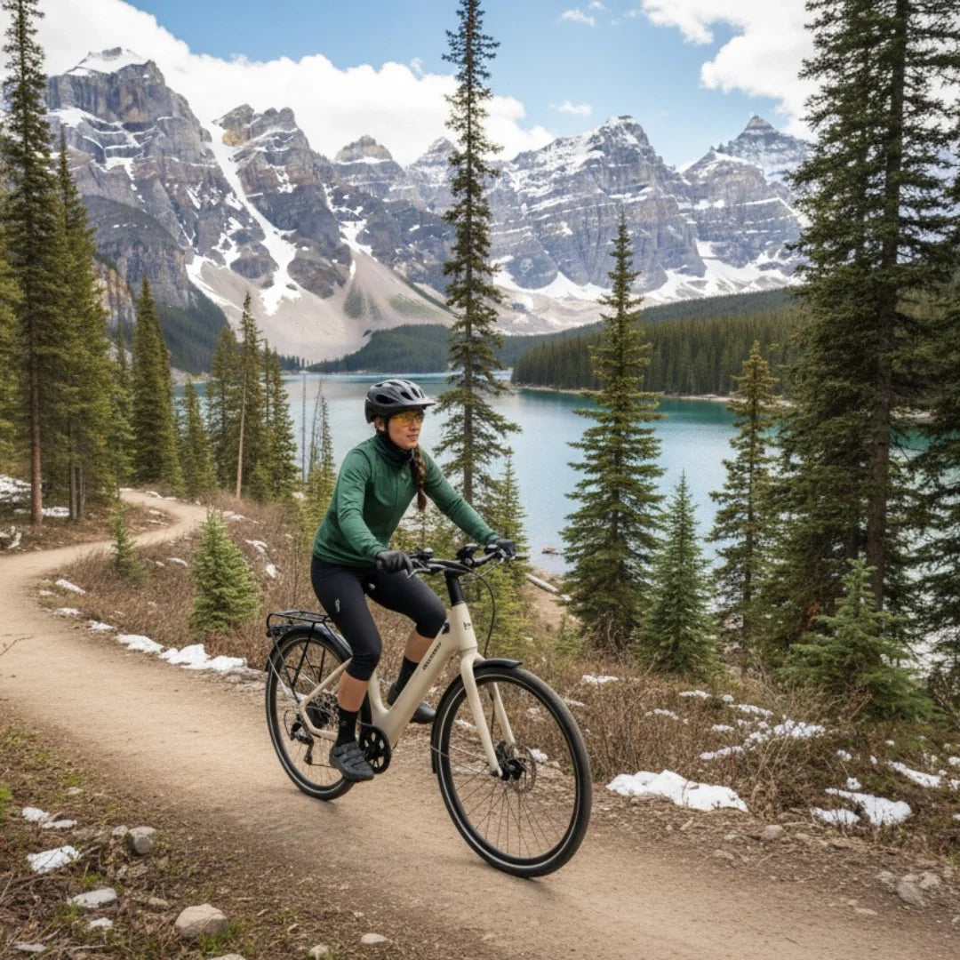Electric bicycle MS Energy C30 – woman riding on mountain trail