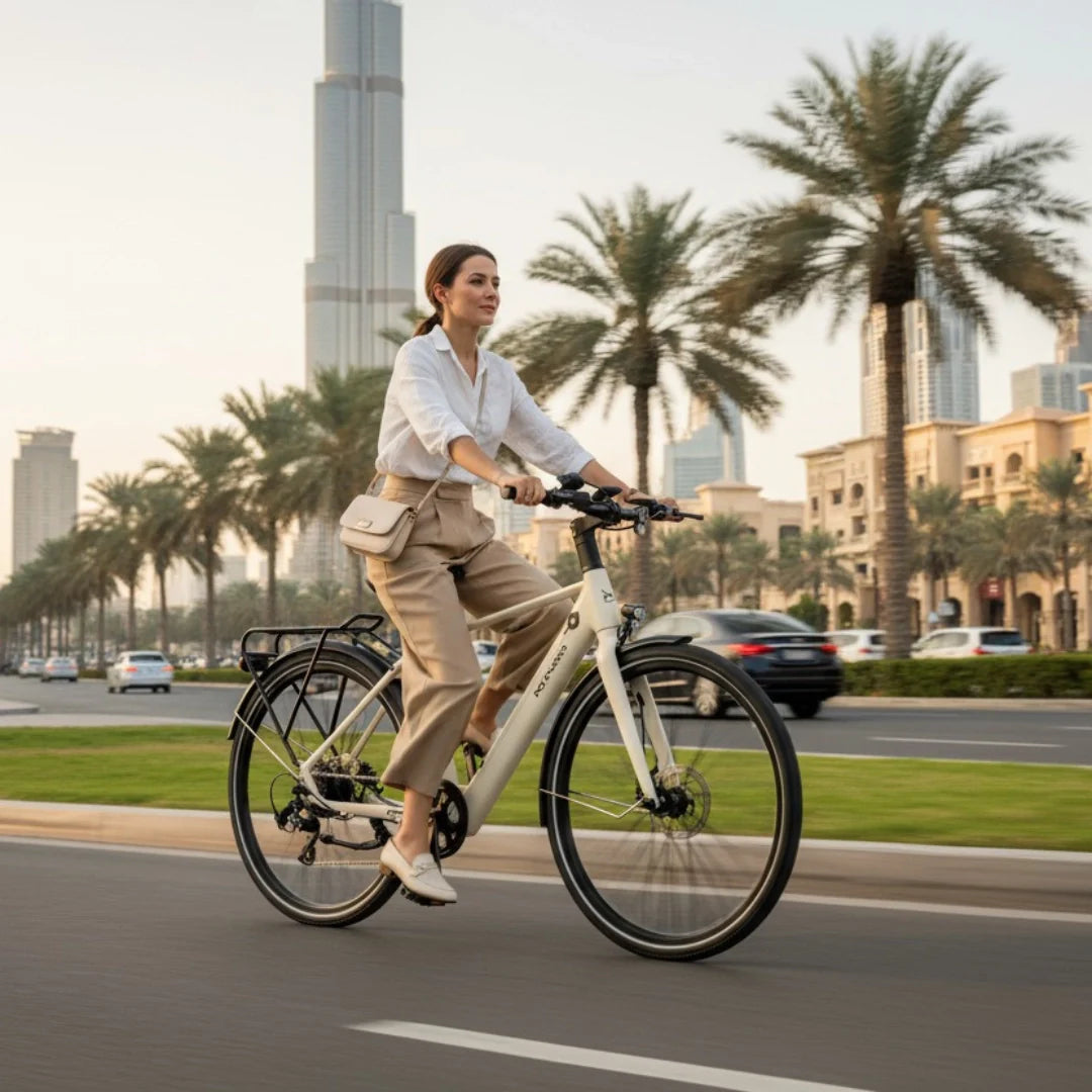 Electric bicycle MS Energy C40 – woman riding in urban setting