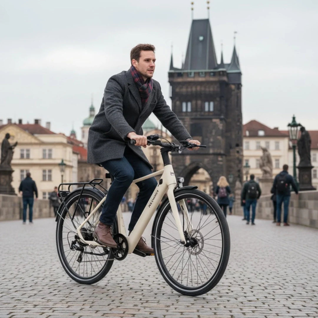 Electric bicycle MS Energy C40 – man riding on cobblestone bridge