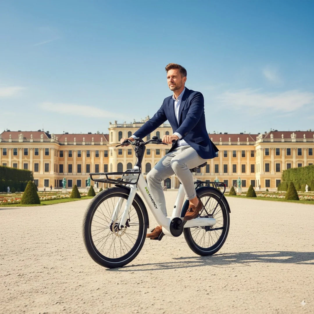 Electric bicycle MS Energy CityZen C102 – man riding in front of palace