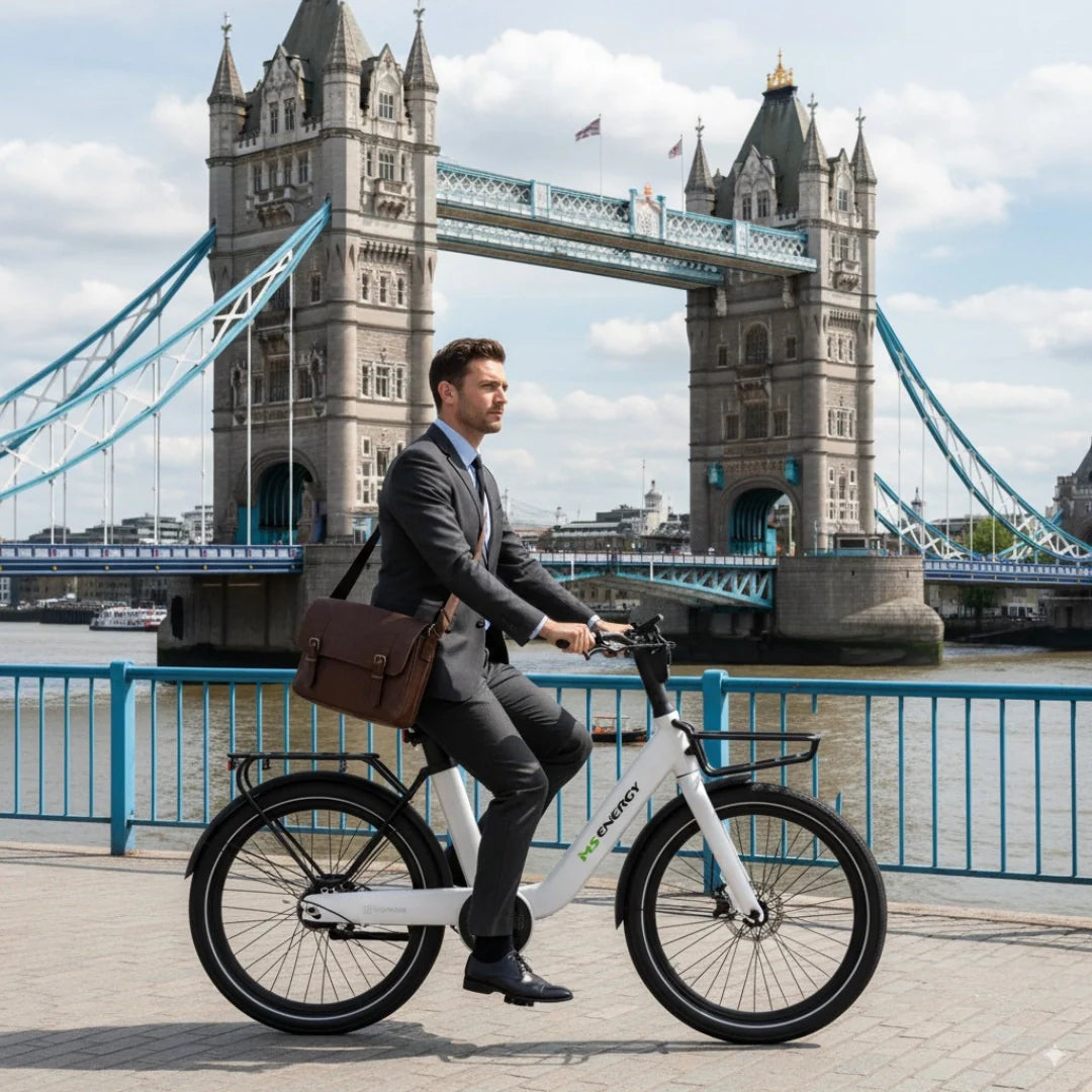 Electric bicycle MS Energy CityZen C102 – man riding by Tower Bridge