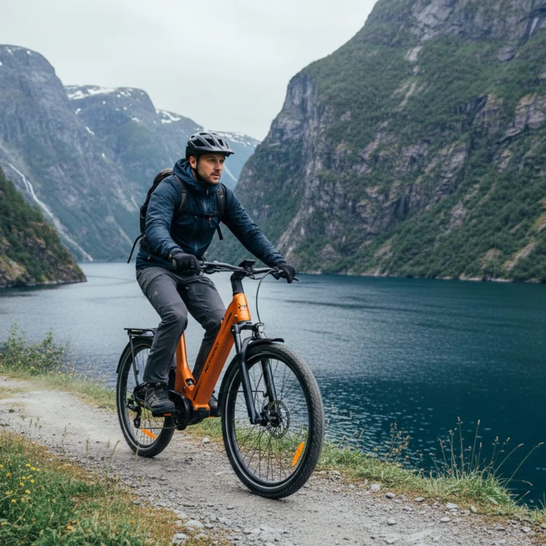 Electric bicycle MS Energy SUV C502 – rider on lakeside dirt path